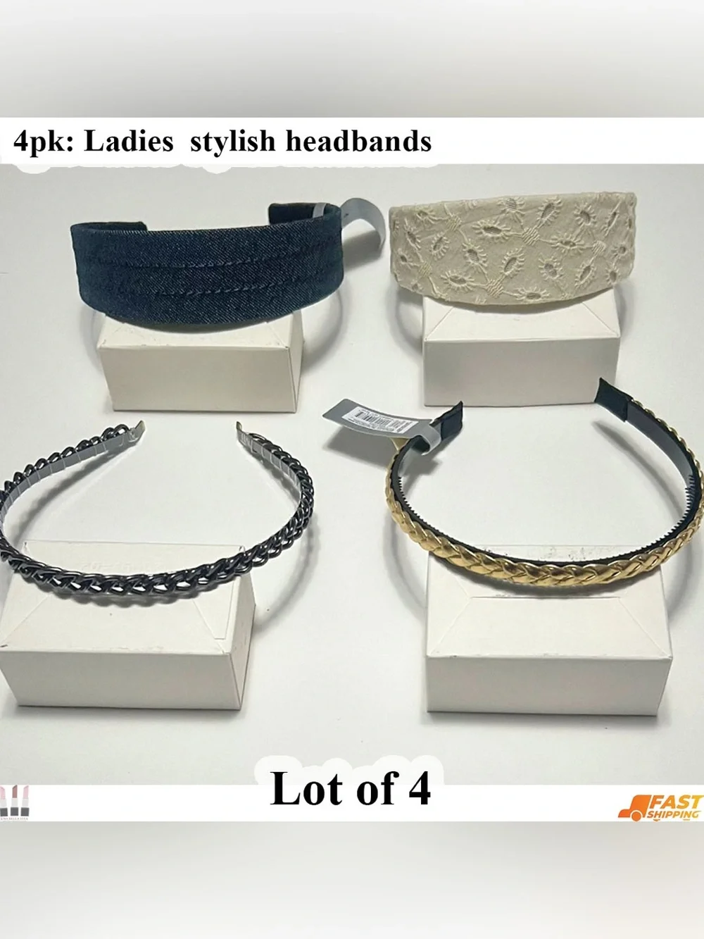 Assorted 4pc Headband Set - Black, Cream, Silver, Gold